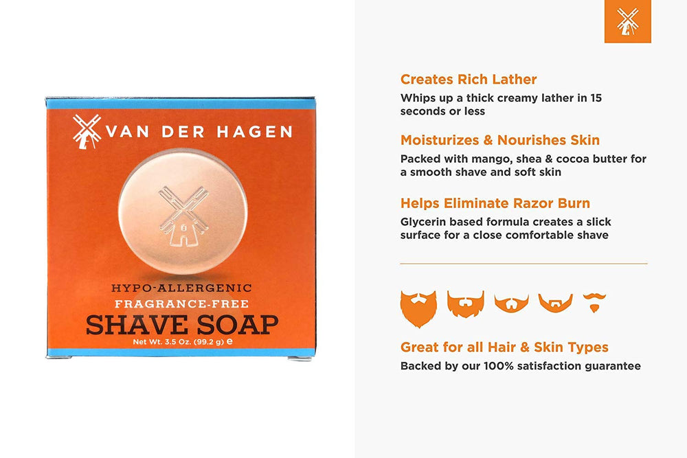Van Der Hagen shave soap pack 3 bar set with a rich lather for a smooth shave.