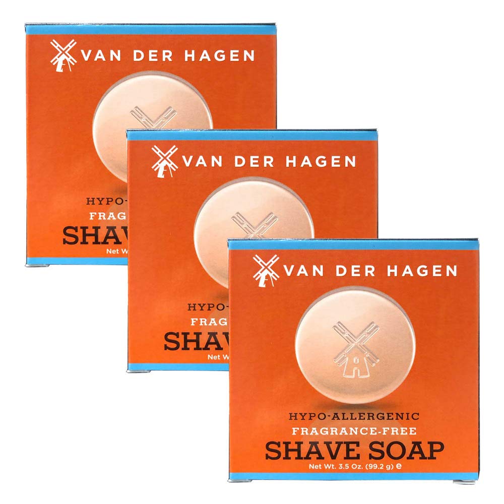 Van Der Hagen fragrance-free shave soap pack 3 on the cover, fragrance-free grooming option.
