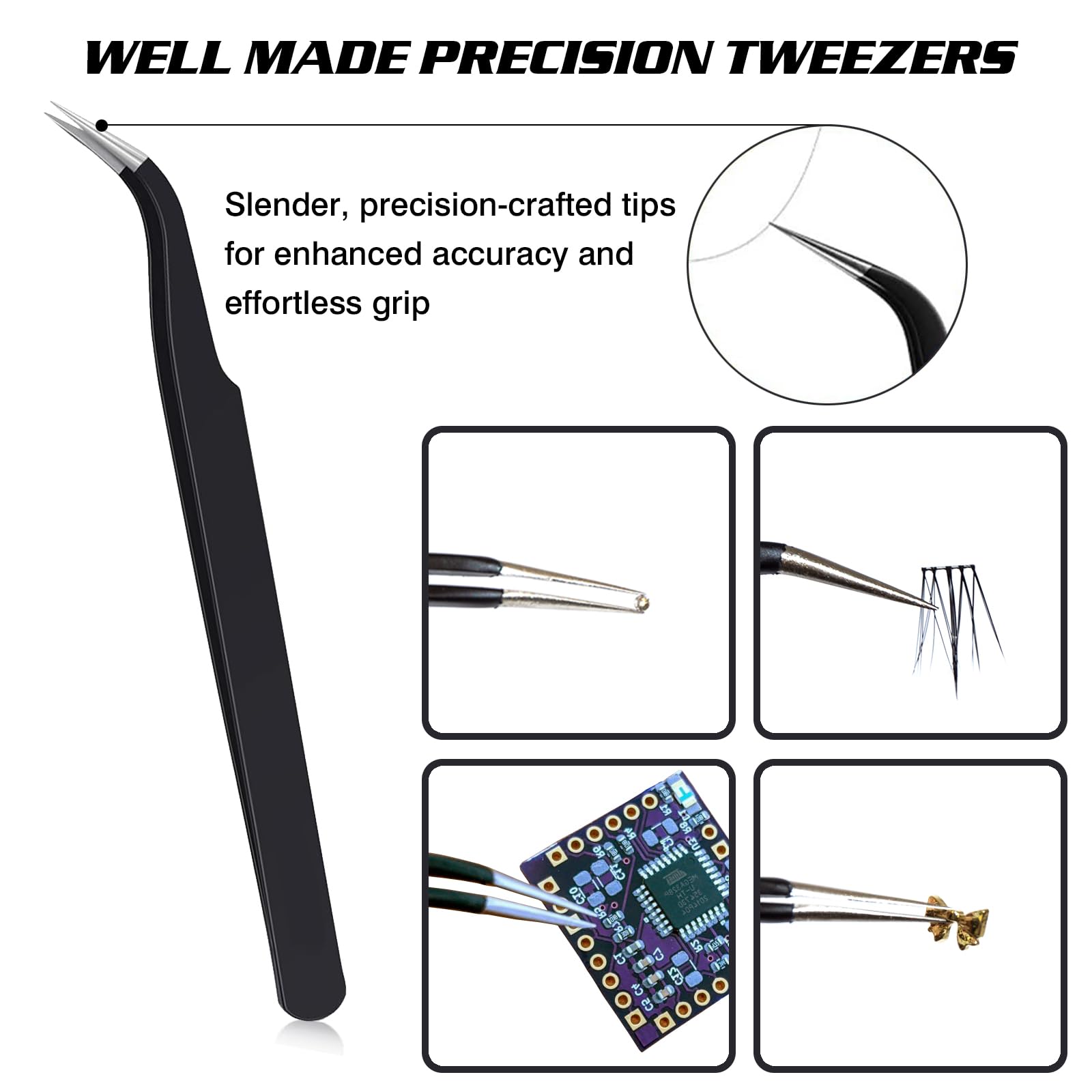 VANALIA precision tweezer with tapered tip grips tiny rhinestones securely.