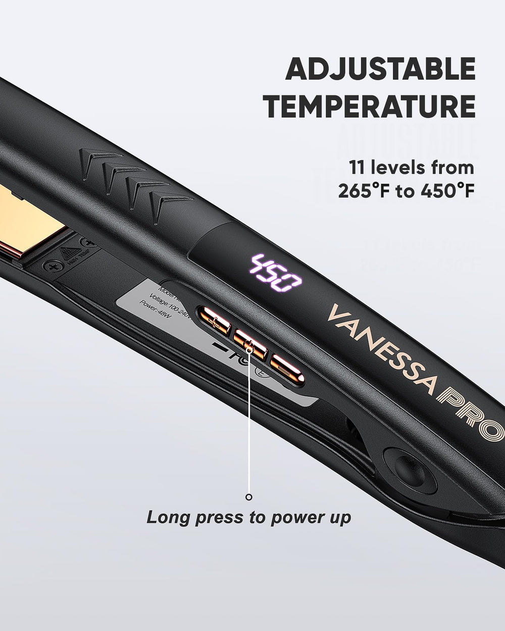 Vanessa PRO Flat Iron dual voltage for world-ready styling.