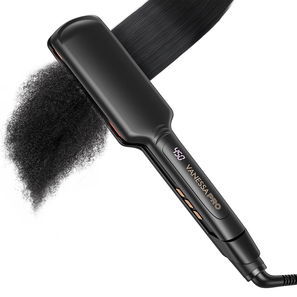 Vanessa Pro titanium flat iron with 2-inch glide for smooth straightness.