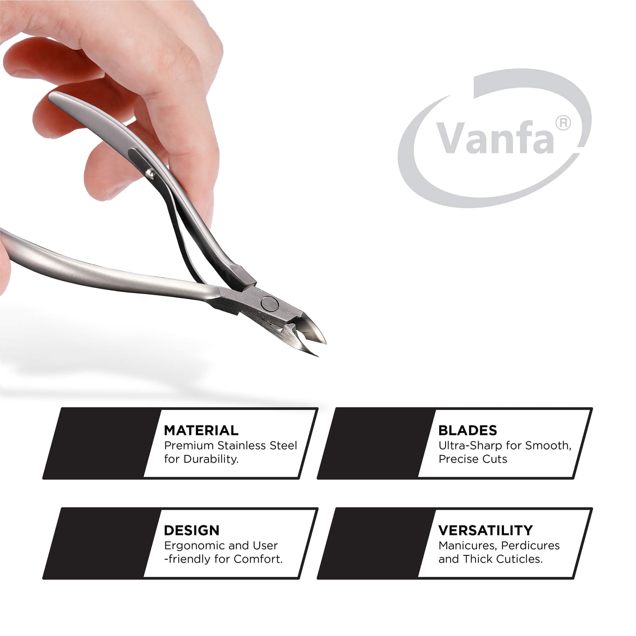 Vanfa cuticle trimmer with single spring for smooth opening.