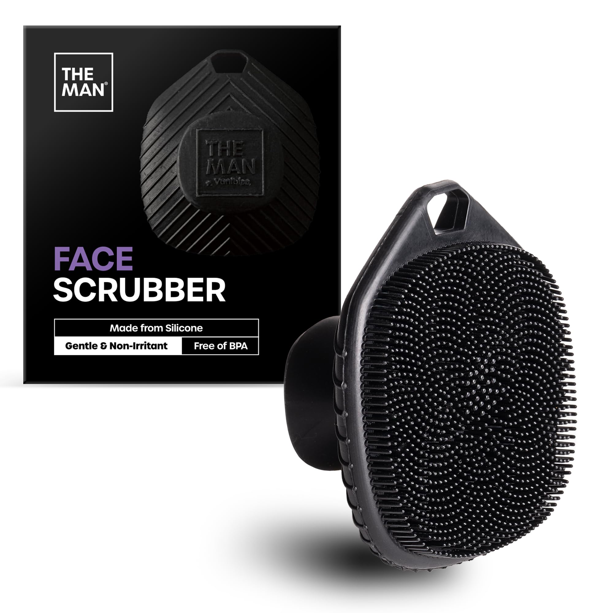 Vanibiss Man silicone face scrubber in hand for gentle cleansing and mild exfoliation.