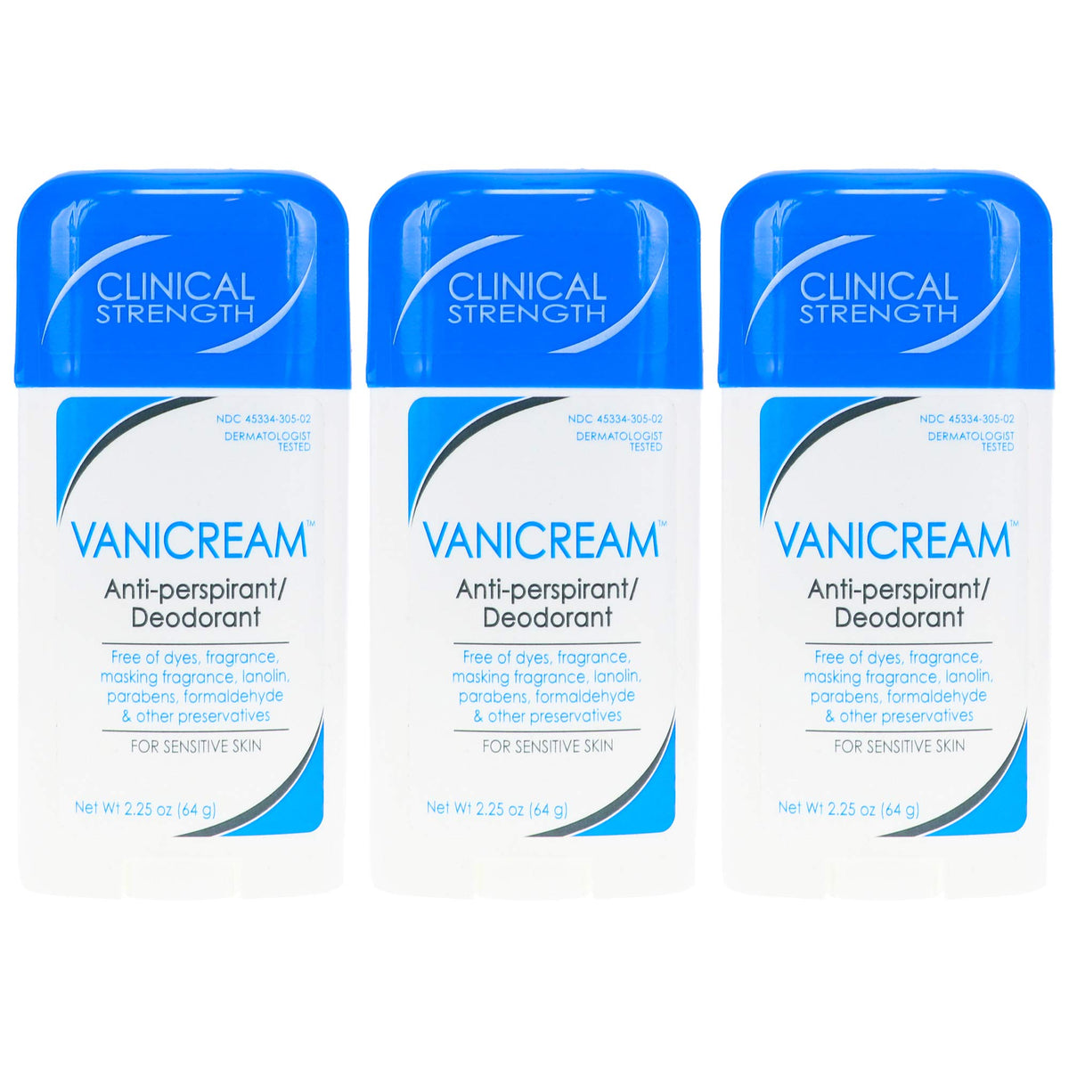 Vanicream anti-perspirant pack of 3 front view, fragrance-free protection for sensitive underarms.