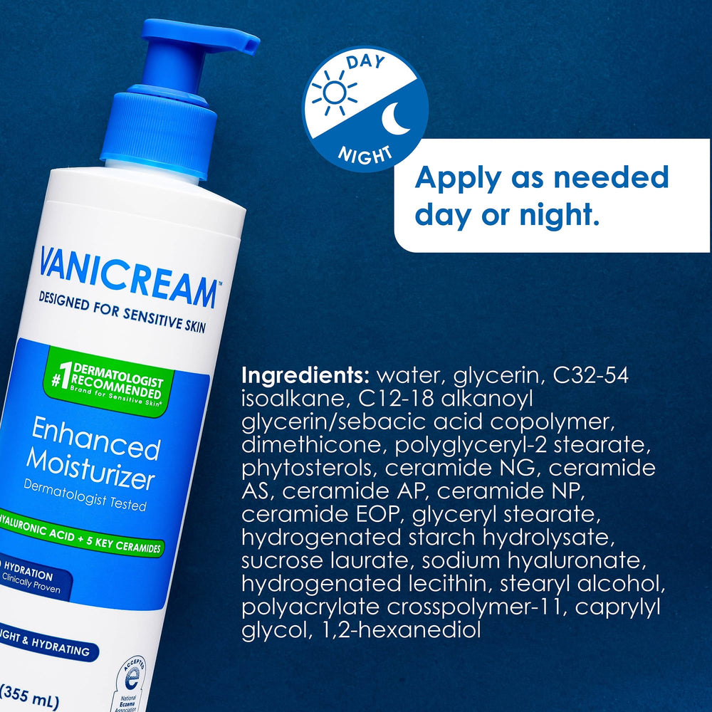 Vanicream uso día y noche para comodidad continua.