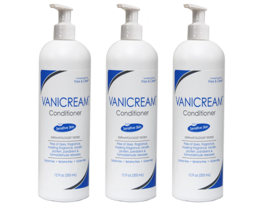 Vanicream conditioner bottle designed for sensitive skin with gentle detangling.