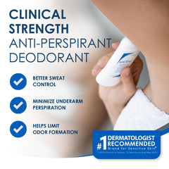 Desodorante Vanicream sin fragancia aplicado con suavidad para uso diario.