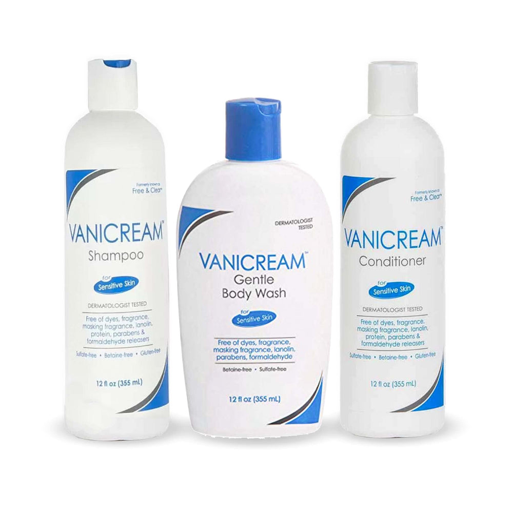 Vanicream Free and Clear shampoo bottle — gentle, fragrance-free cleansing for sensitive scalps.