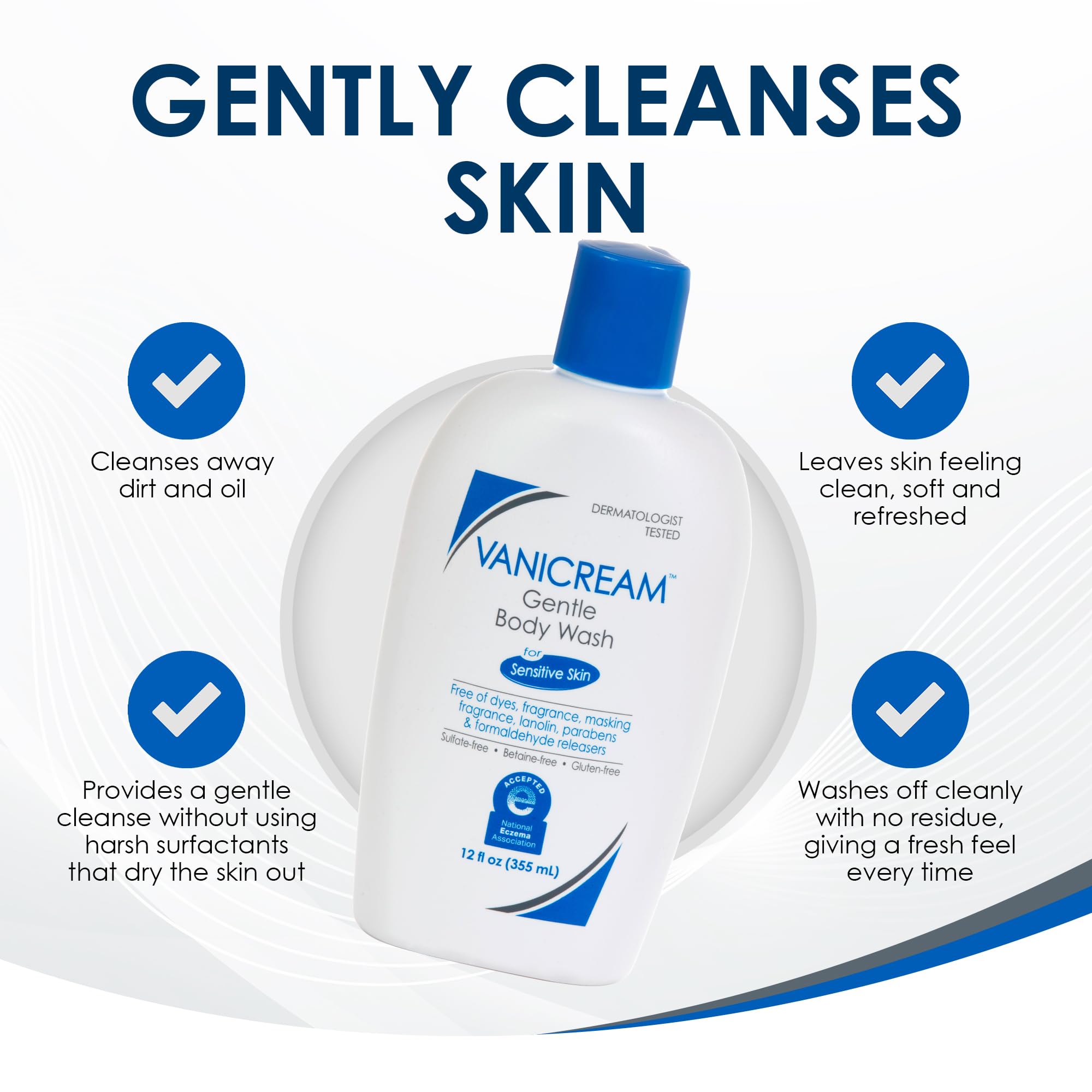 Vanicream gel de ducha aplicacion en la piel, sensación calmante.