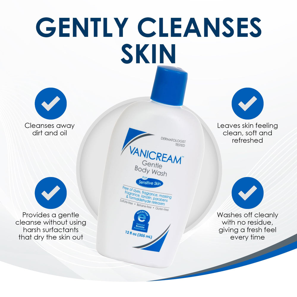 Vanicream gel de ducha aplicacion en la piel, sensación calmante.
