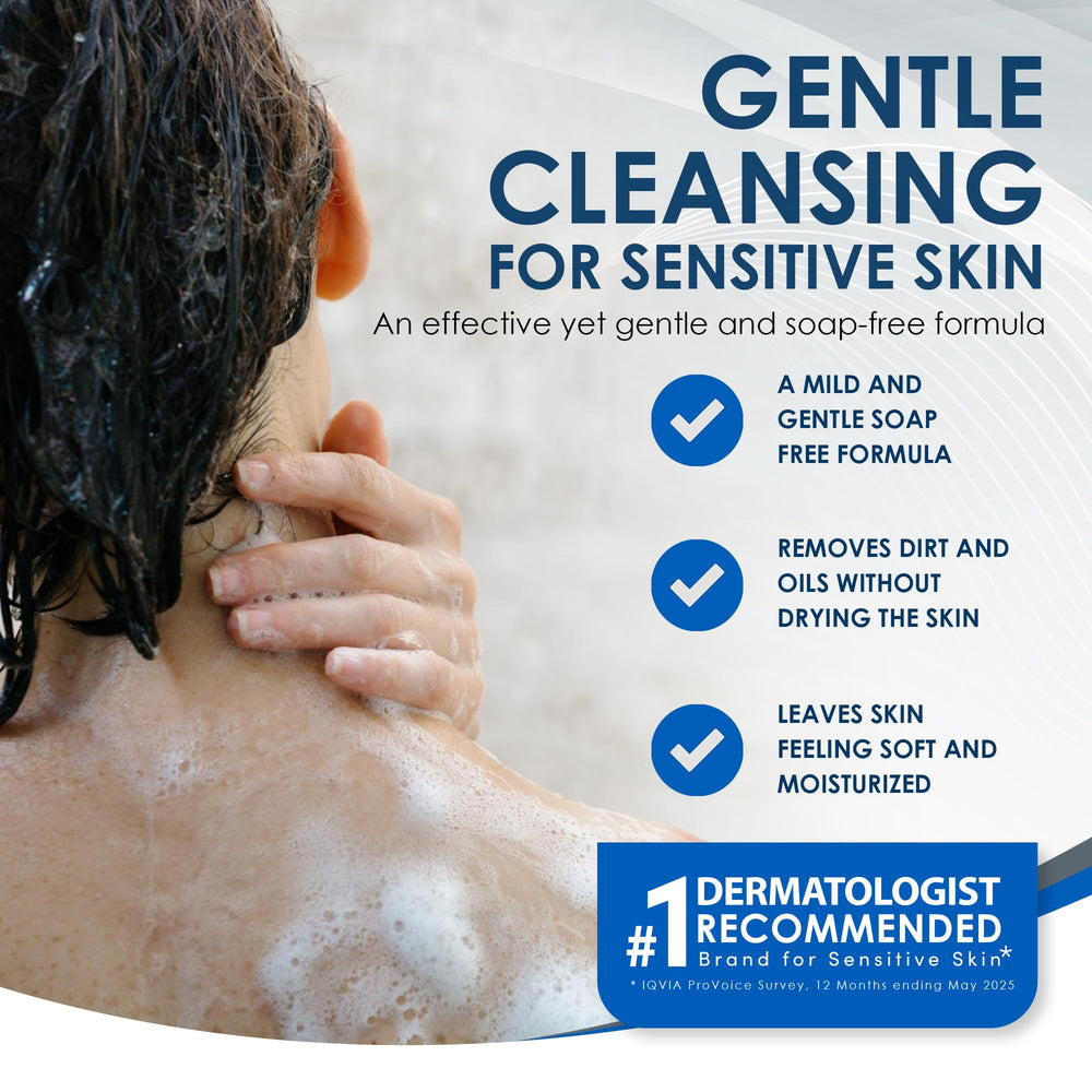 Vanicream gel de ducha sin fragancia muestra etiqueta clara para piel sensible.
