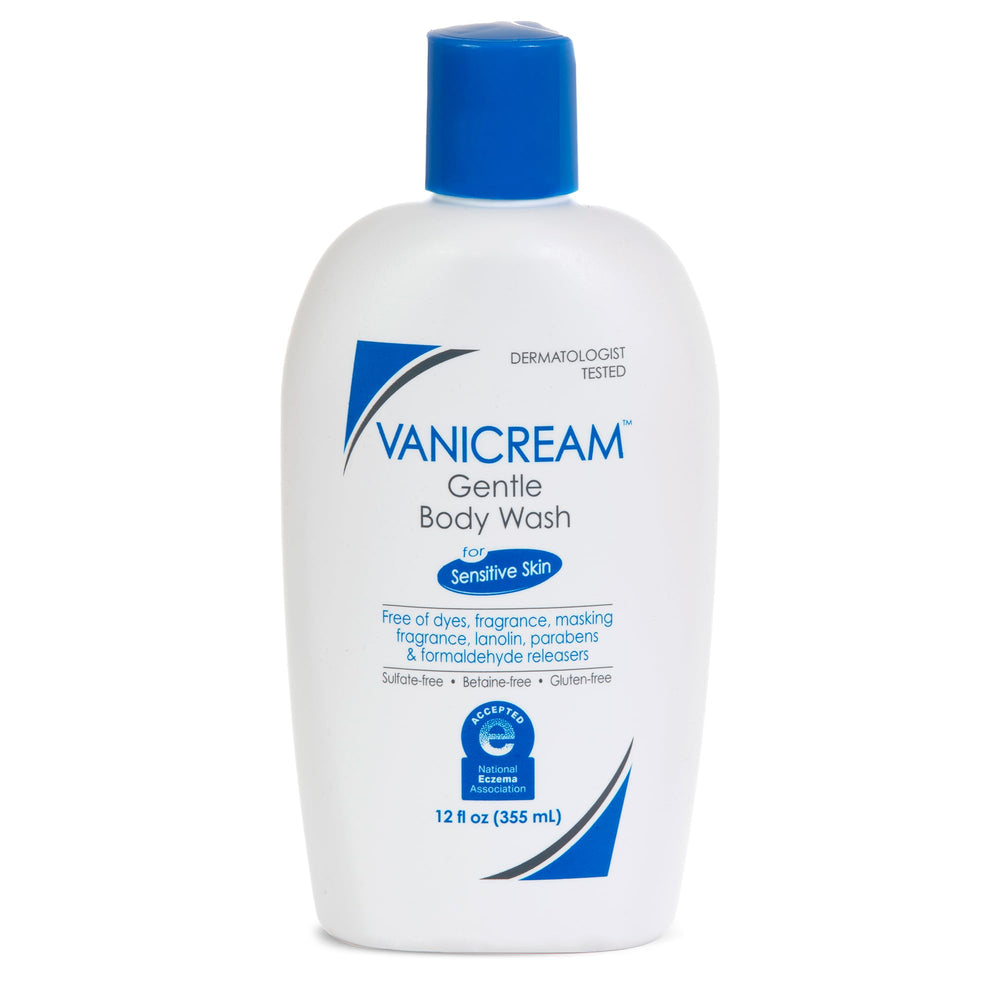 Vanicream gel de ducha suave en botella 12oz, limpieza delicada para piel sensible.