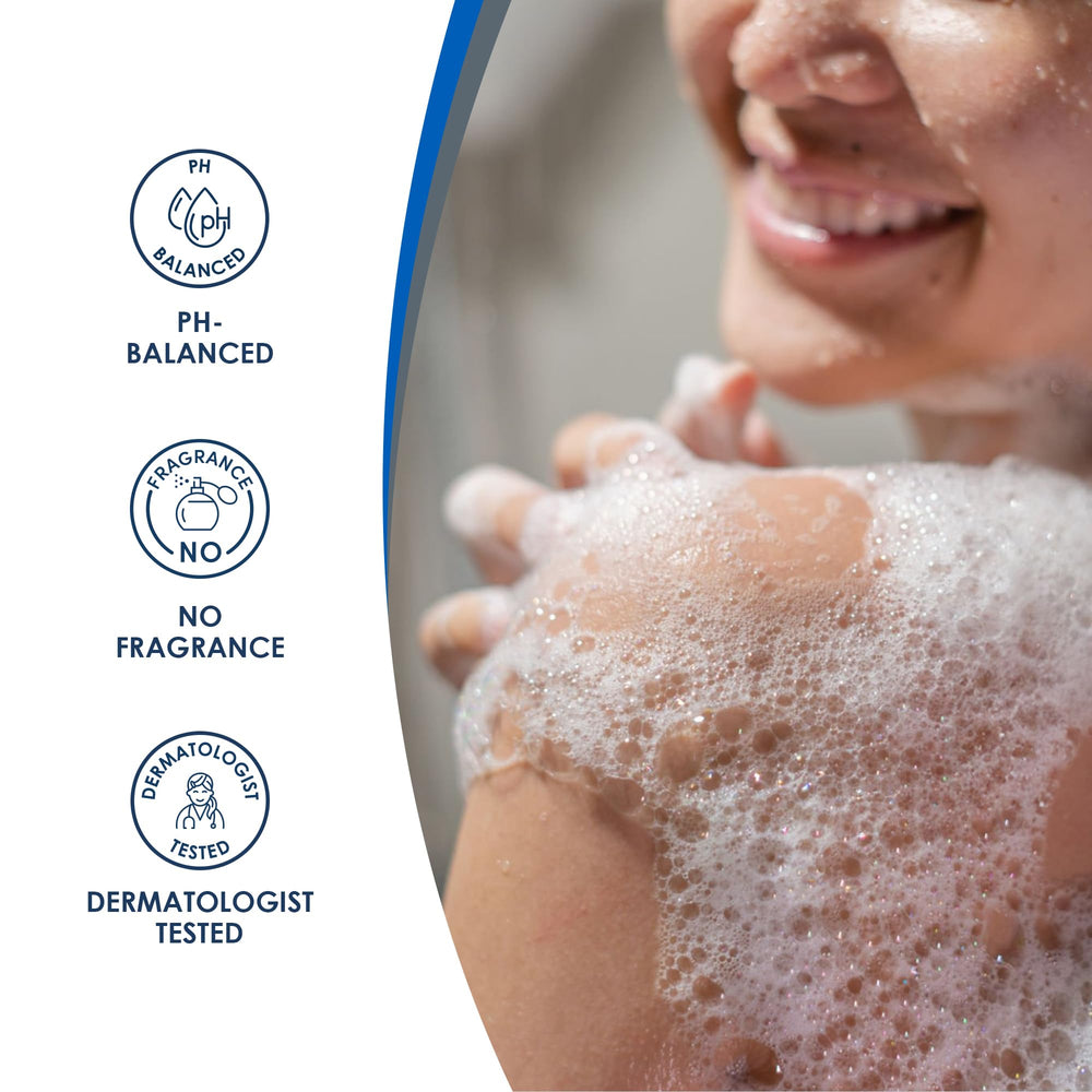 Vanicream gel de ducha, vertido en la mano, textura suave listo para aplicar.
