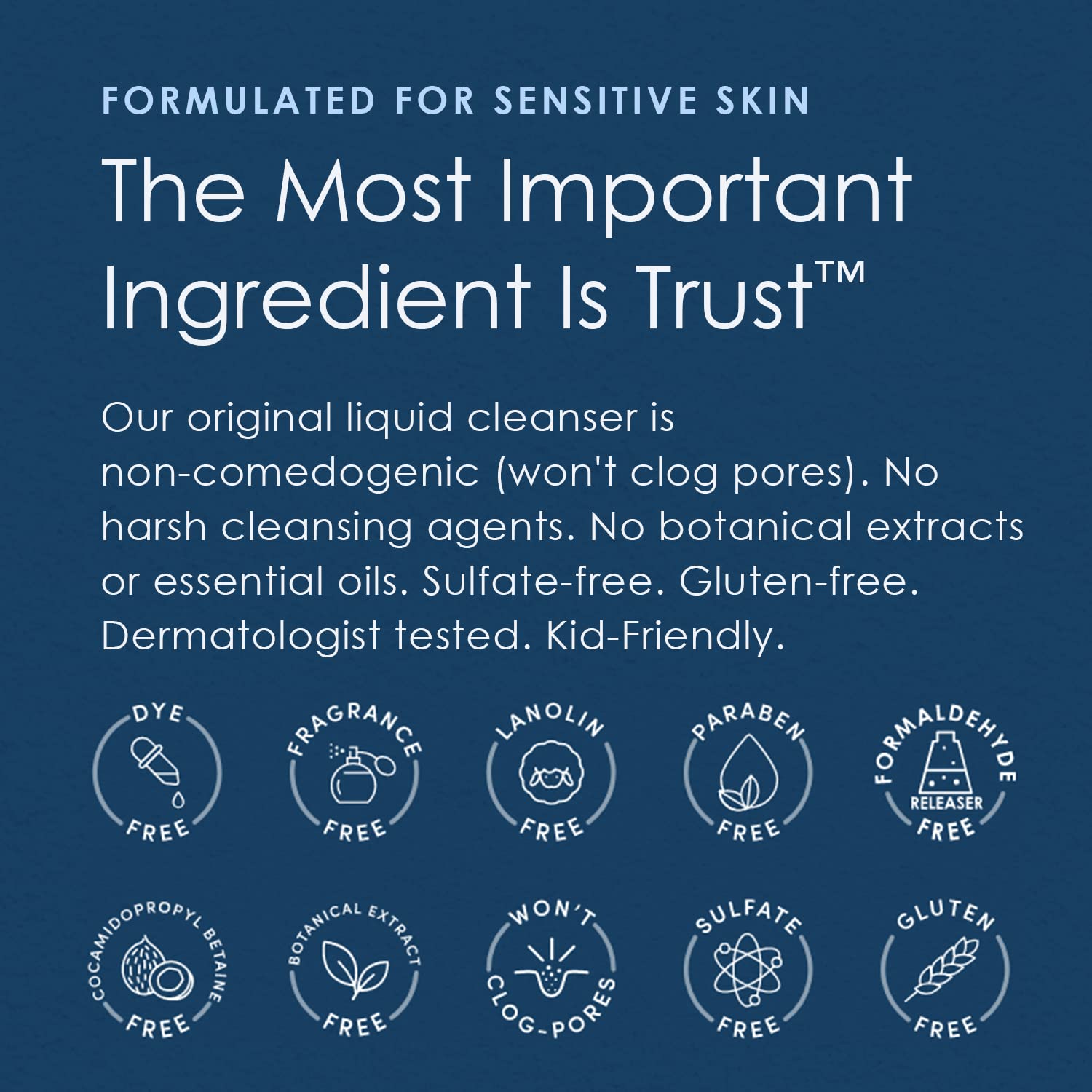 Vanicream icon set highlights fragrance-free and dye-free attributes.