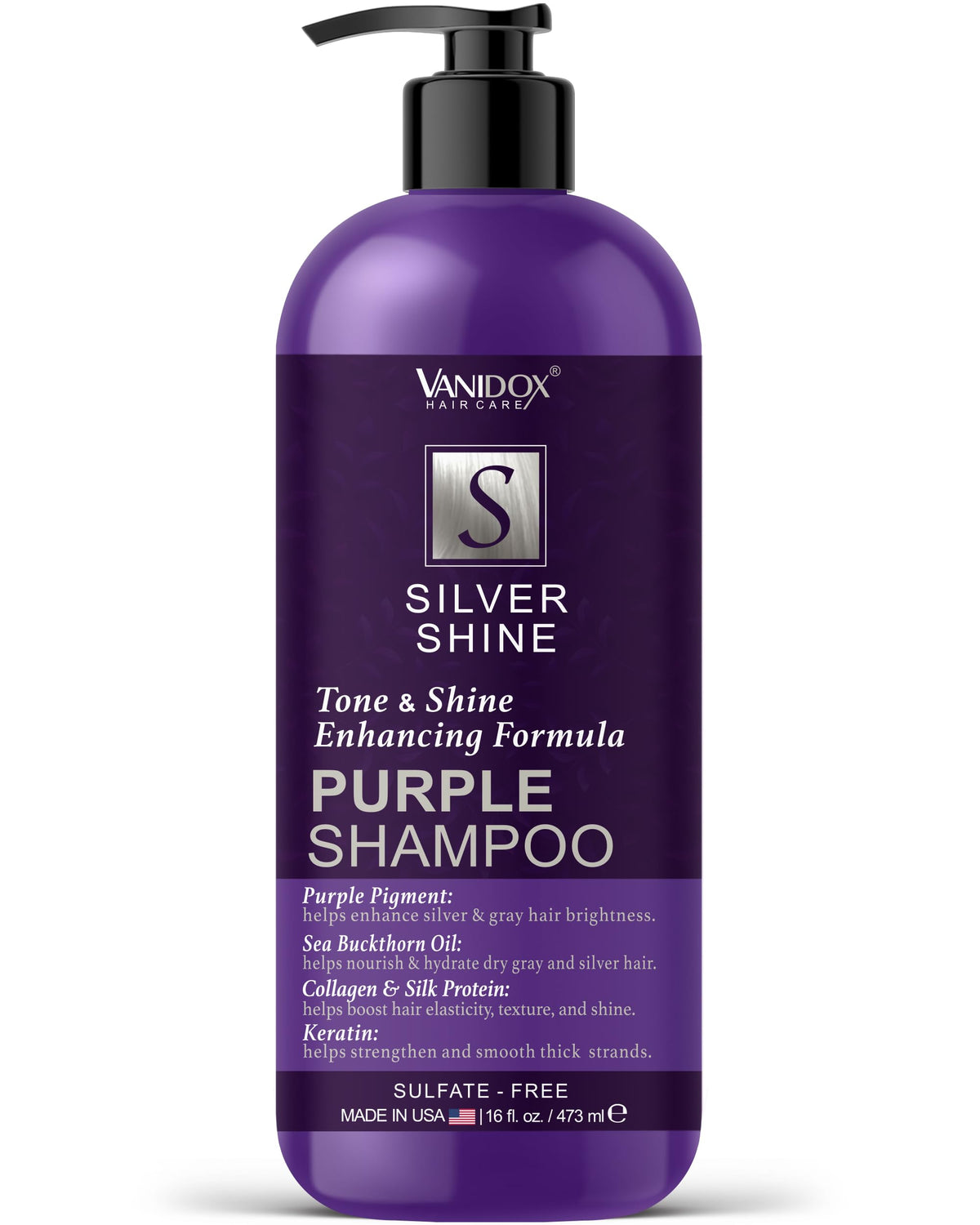 El champú VANIDOX morado para canas grises realza el tono plateado.