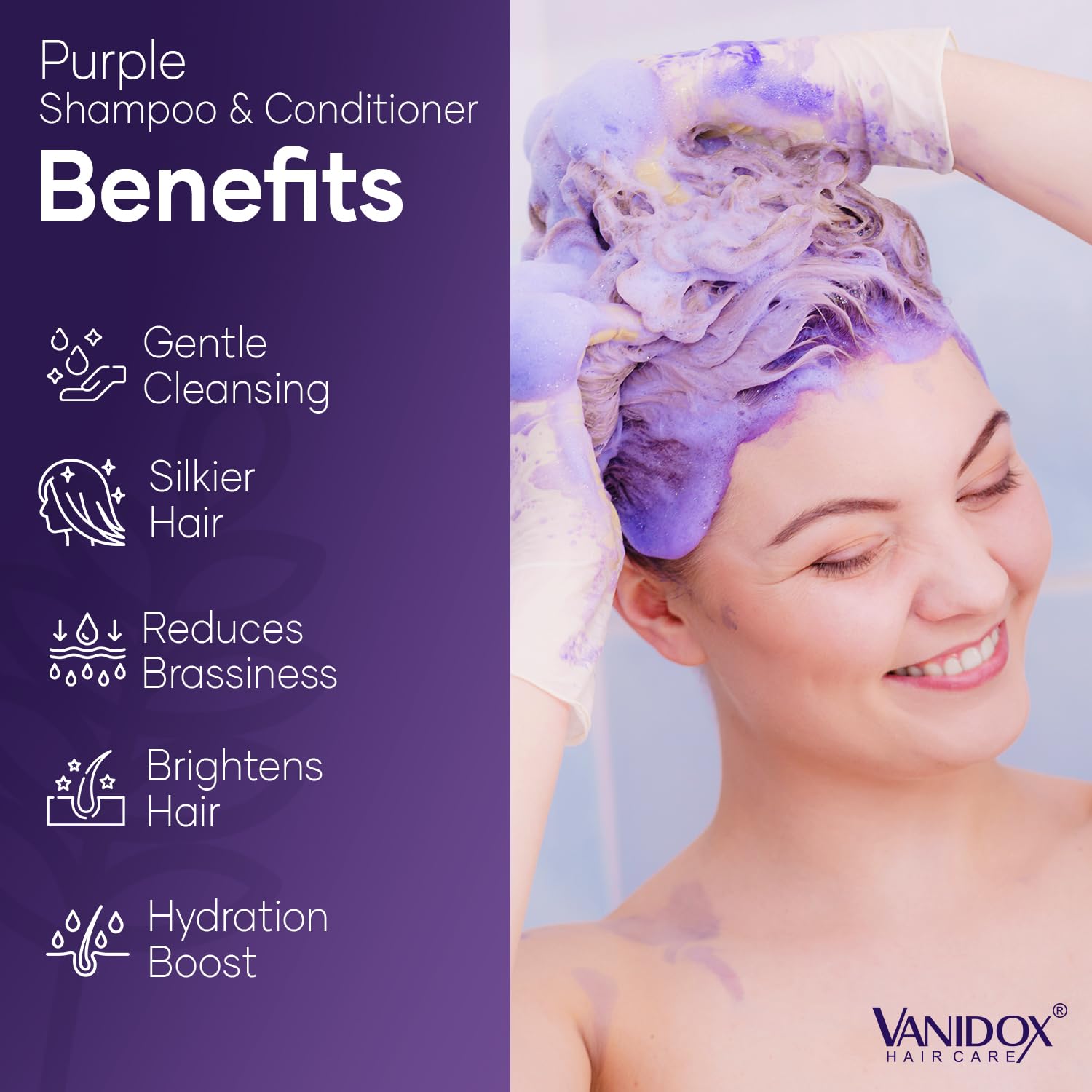 VANIDOX purple shampoo and conditioner set packaging highlights color-safe, restorable shine.