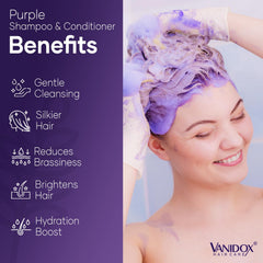 VANIDOX purple shampoo and conditioner set packaging highlights color-safe, restorable shine.