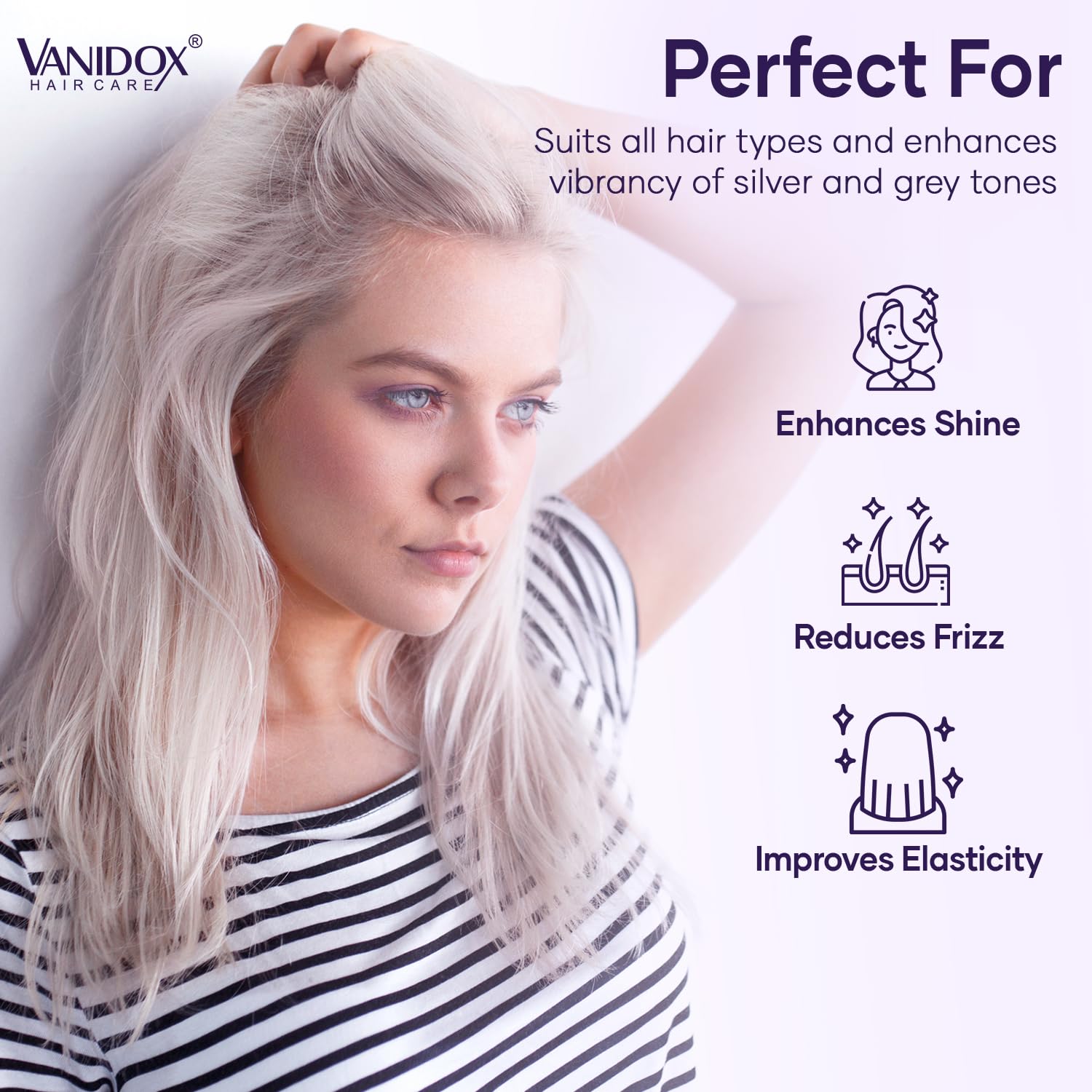 VANIDOX hair after use shows silky-soft feel and vibrant gray sheen.