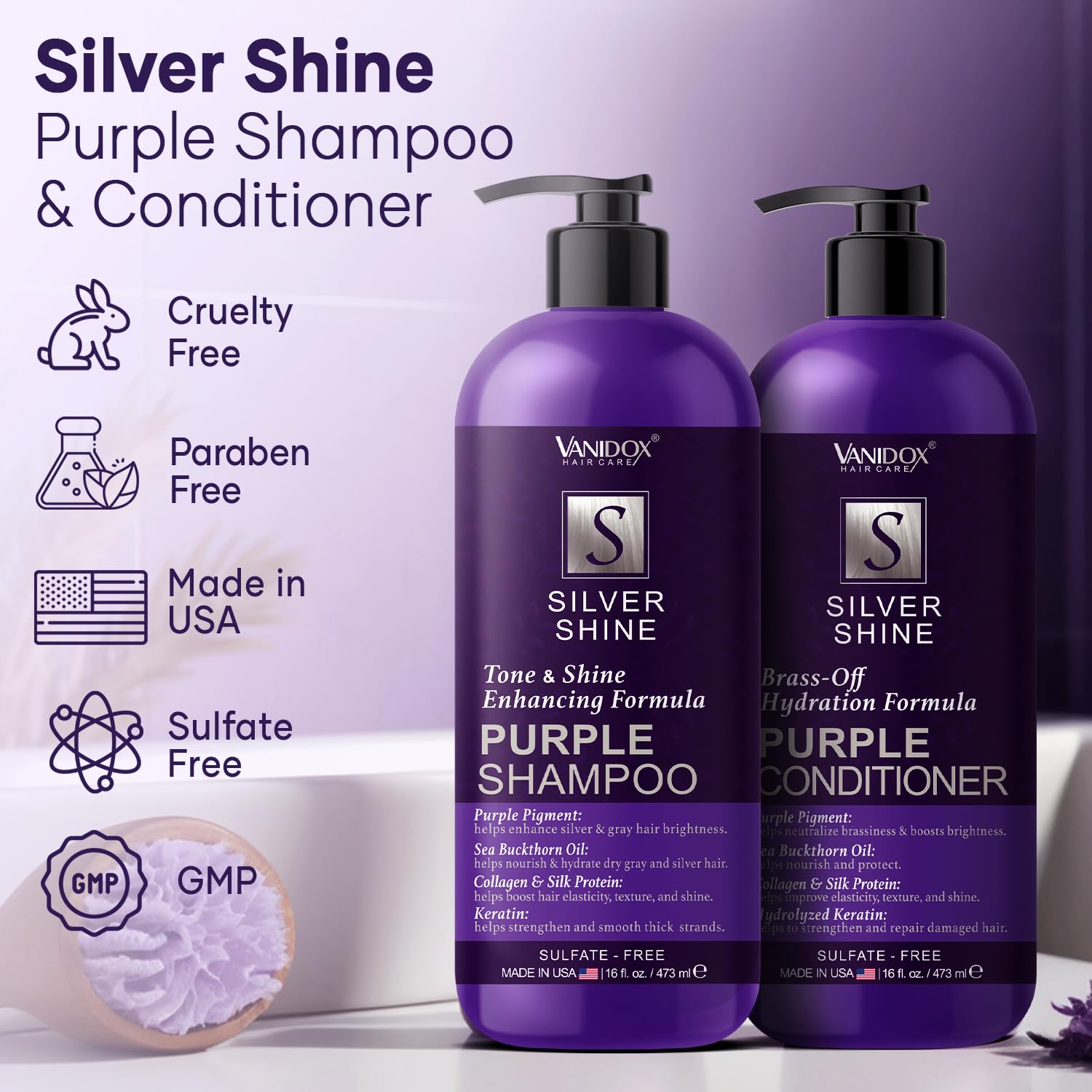 VANIDOX purple conditioner bottle nourishes and softens hair for radiant gray locks.
