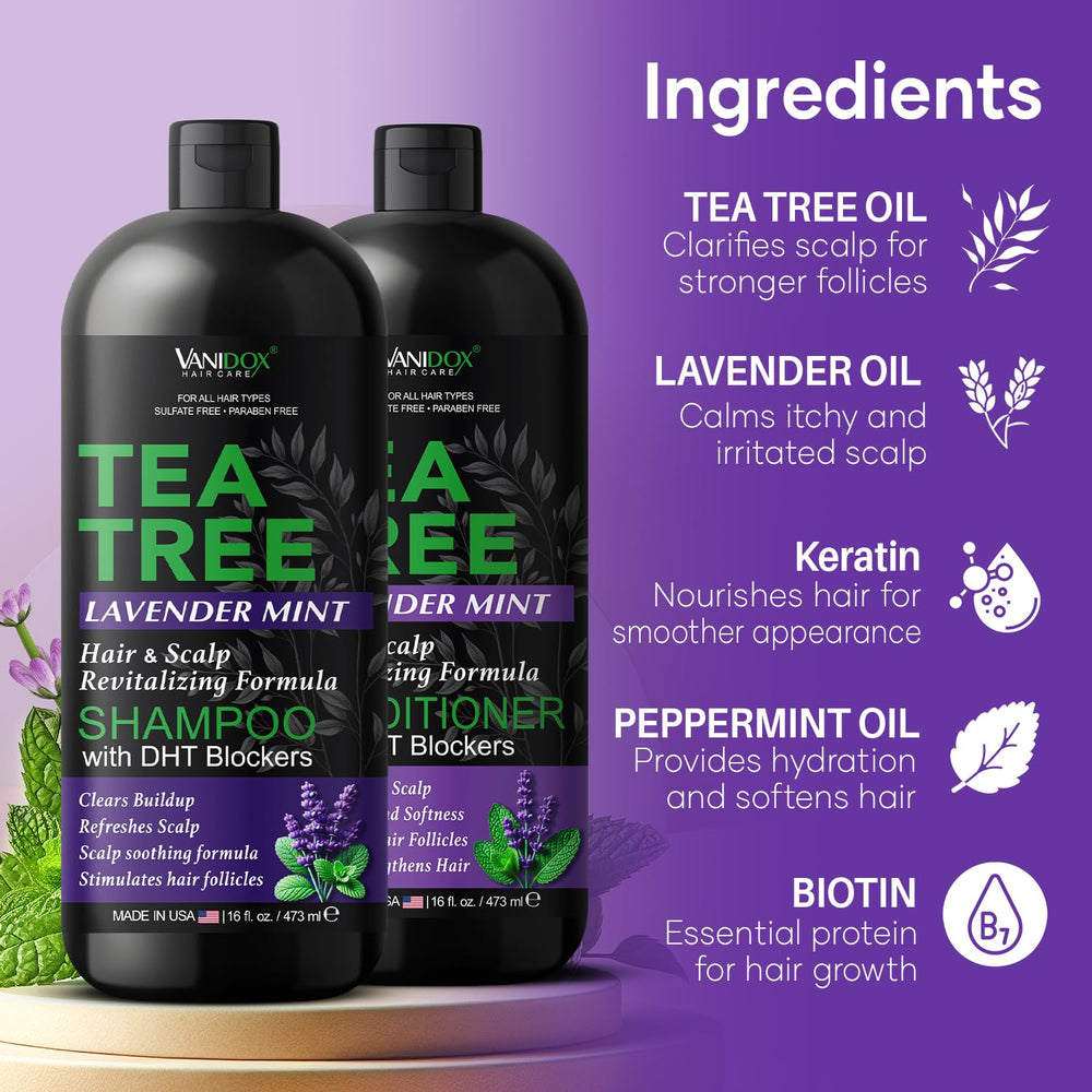 Vanidox Tea Tree Conditioner dispensing pump closeup for detangling ease