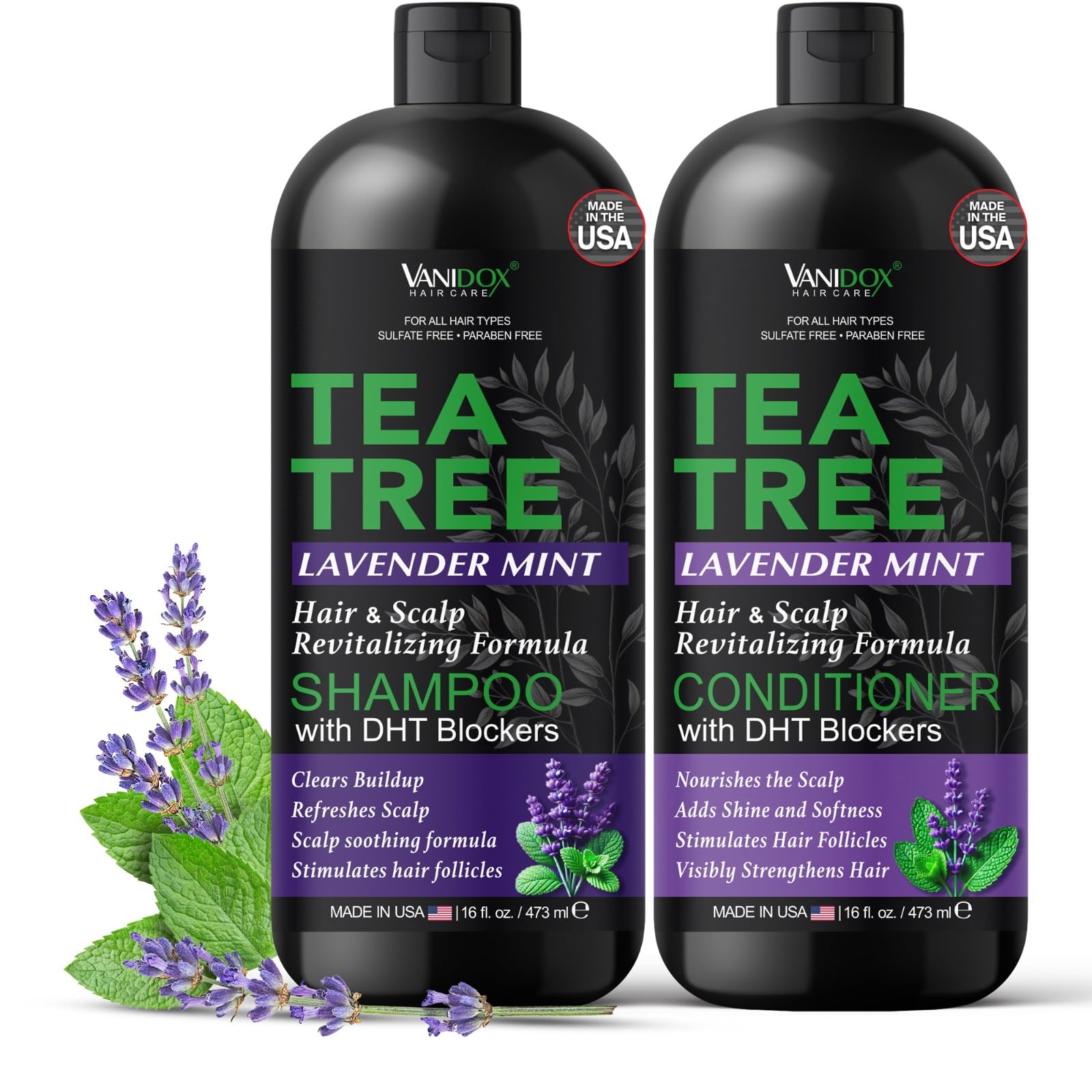 Vanidox Tea Tree Shampoo bottle with calming lavender scent for itchy scalp relief