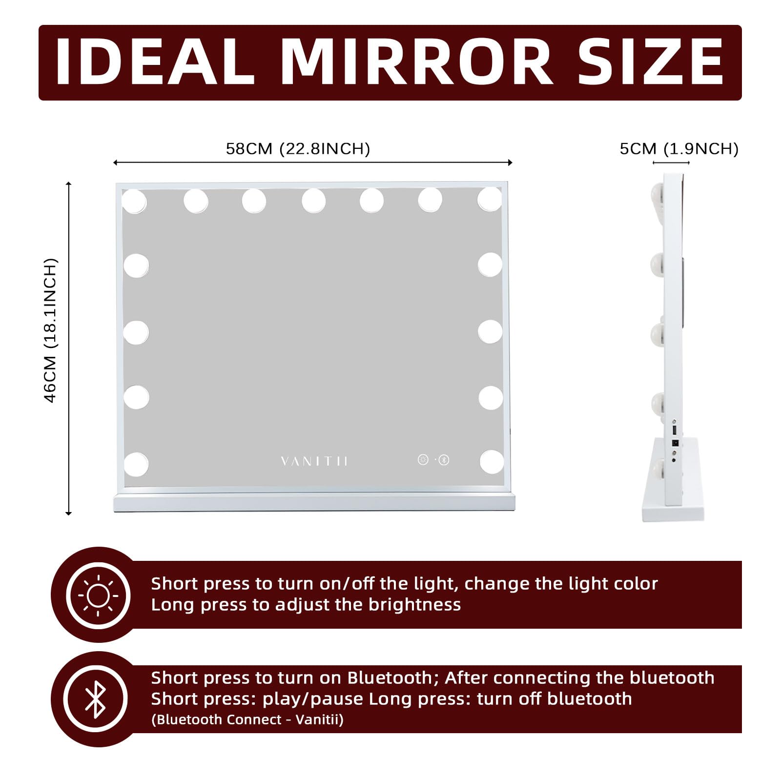 VANITII GLOBAL 15-bulb frame delivers even illumination during makeup.
