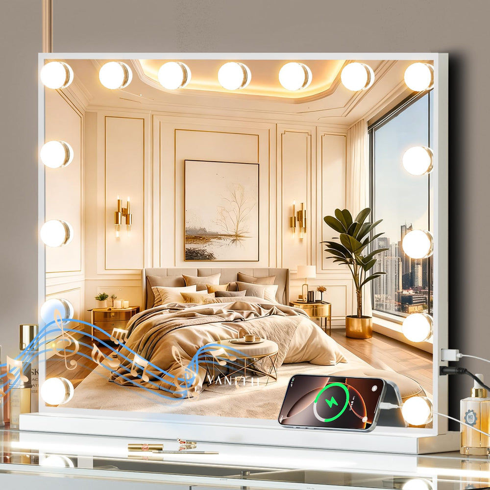 VANITII GLOBAL Hollywood mirror with lights for precise makeup application.
