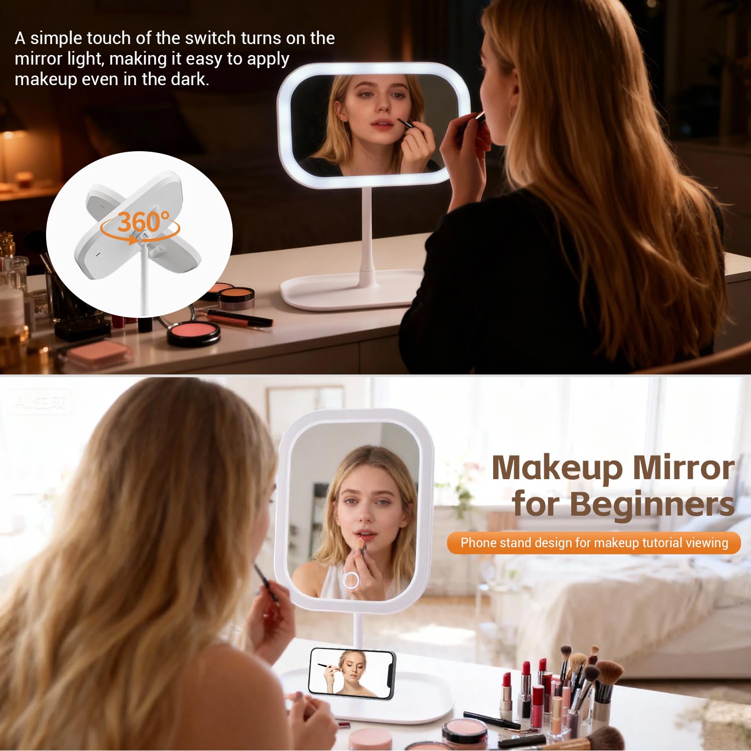 Vanity mirror LED light with three color options supports day and night routines.