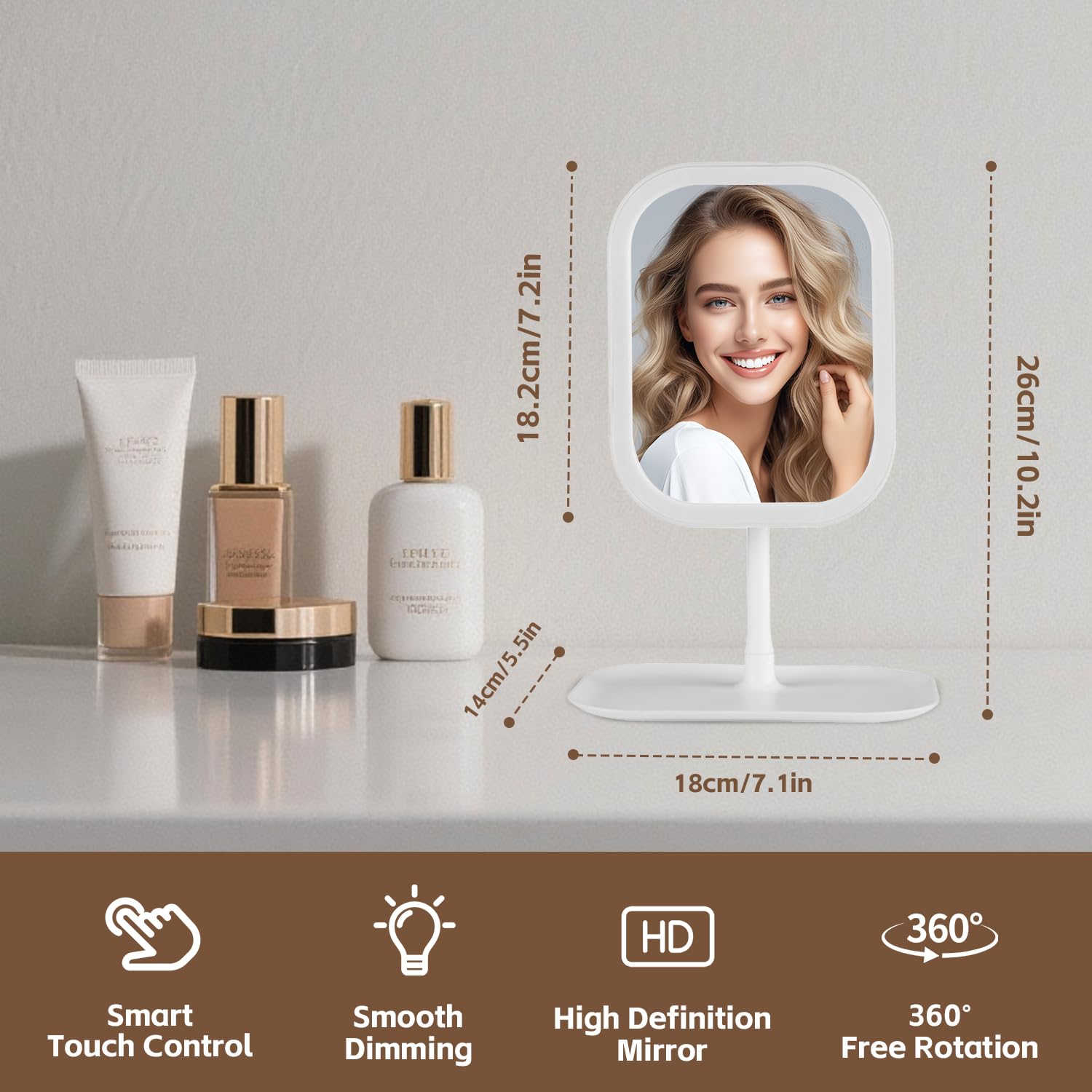 Vanity mirror touch controls allow quick brightness and mode adjustments.