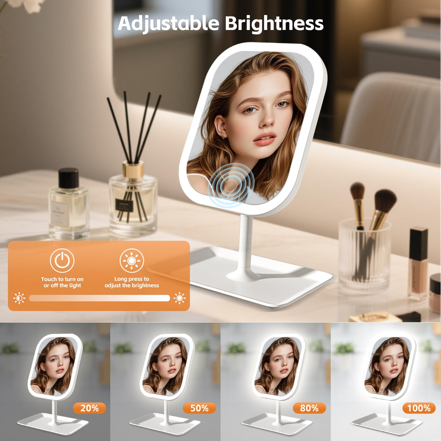 Vanity mirror rechargeable 2400mAh battery enables cordless use during travel.