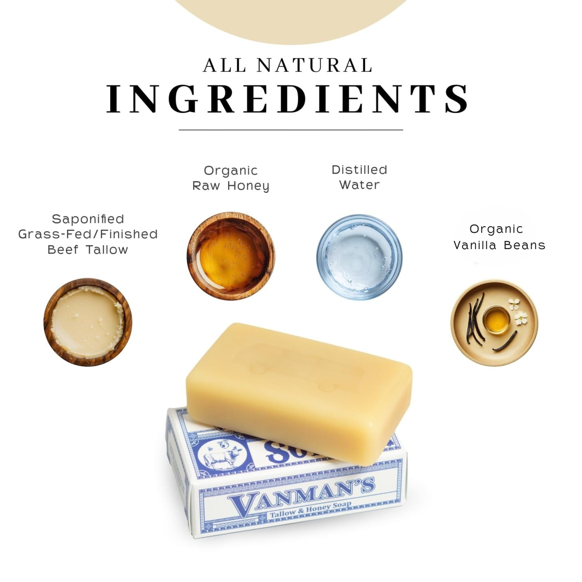 VanMan Jabón Barra: miel cruda y sebo de res para limpieza suave facial y corporal.