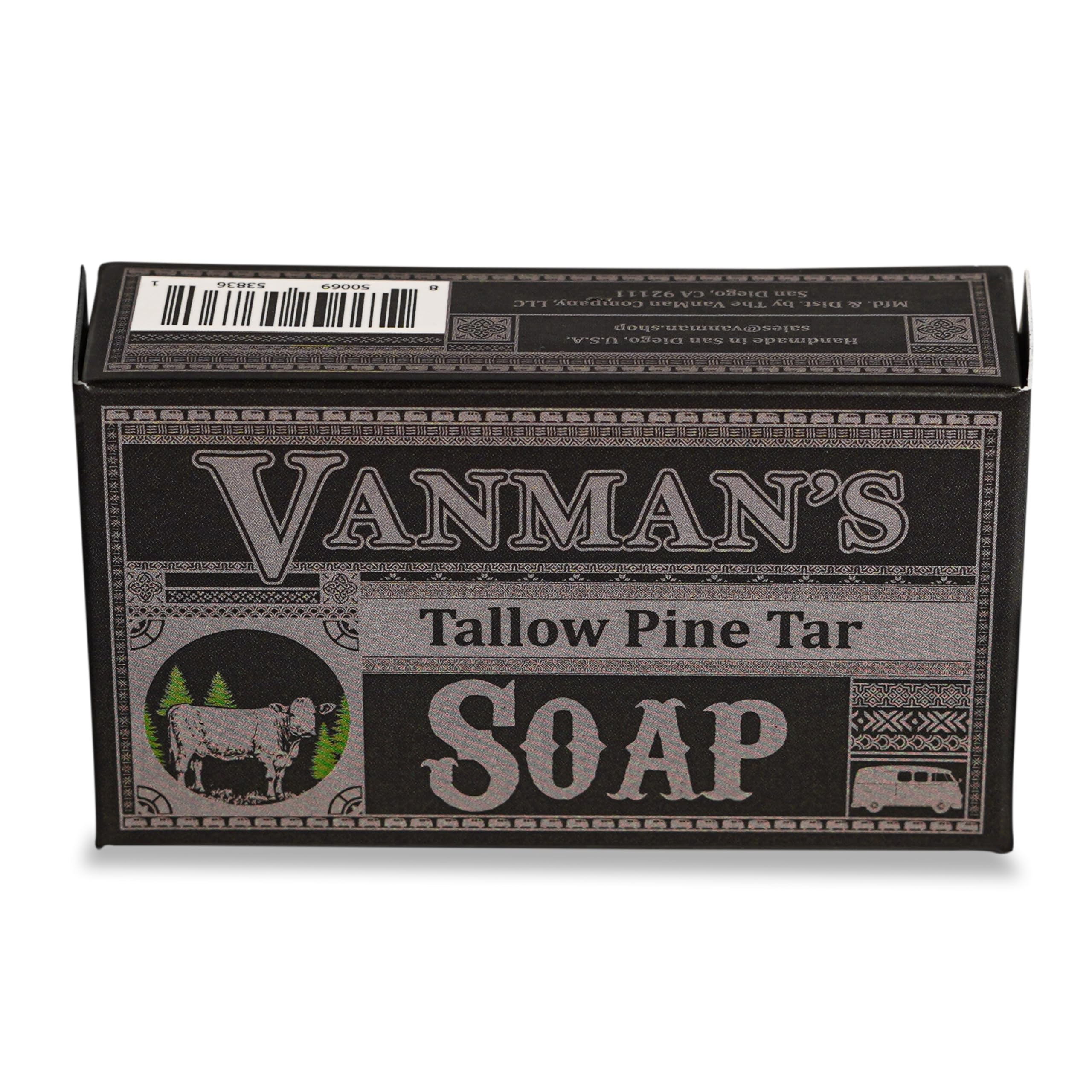 Barra VanMan Tallow Pine Tar lista para lavado profundo con aroma terroso.