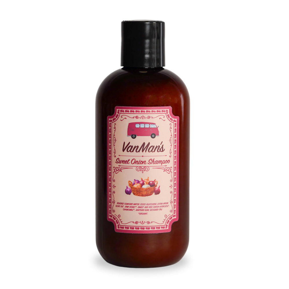 VanMan Shampoo Cebolla Dulce, botella de 8 oz para limpieza suave diaria.