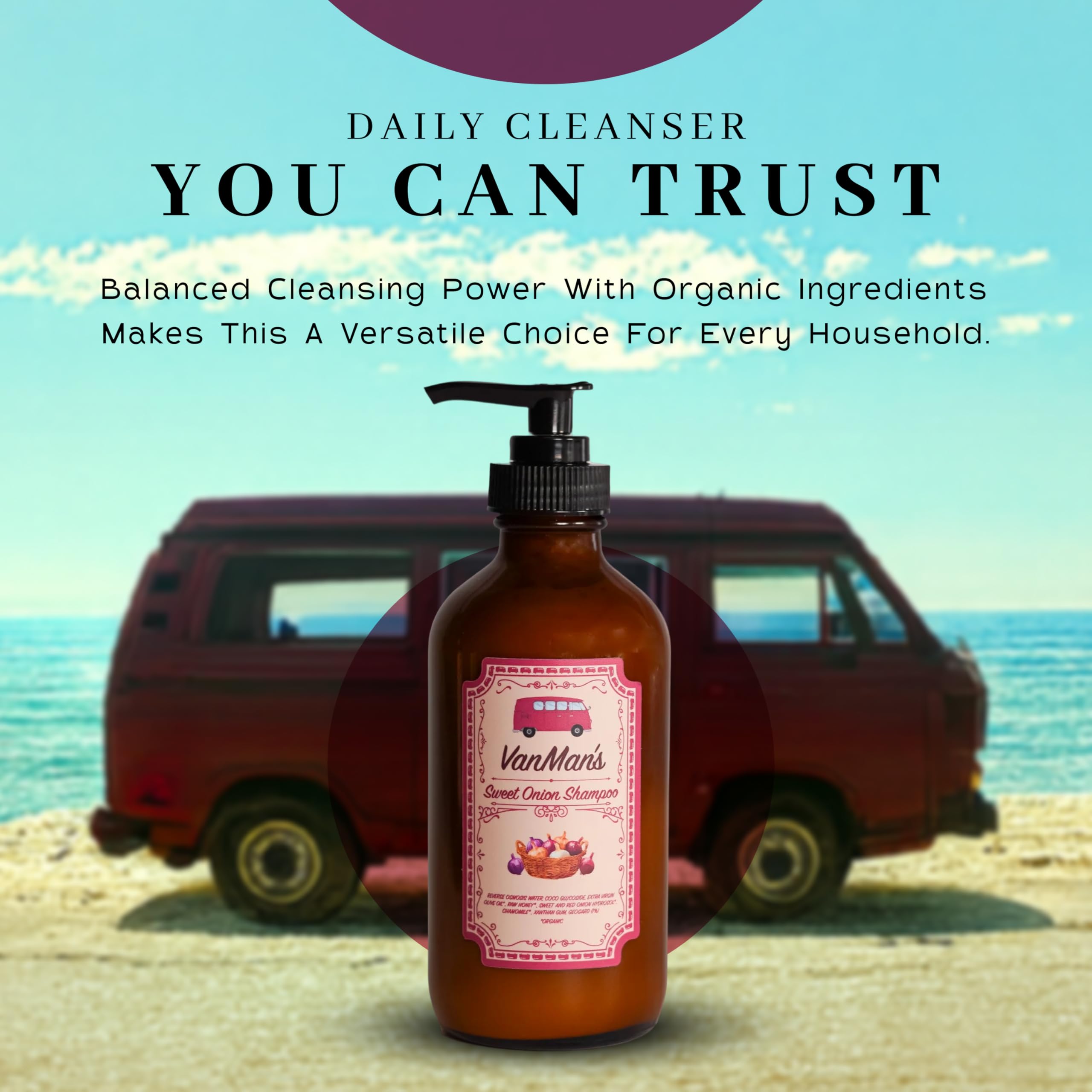VanMan Sweet Onion Shampoo glass bottle closeup emphasizes premium packaging