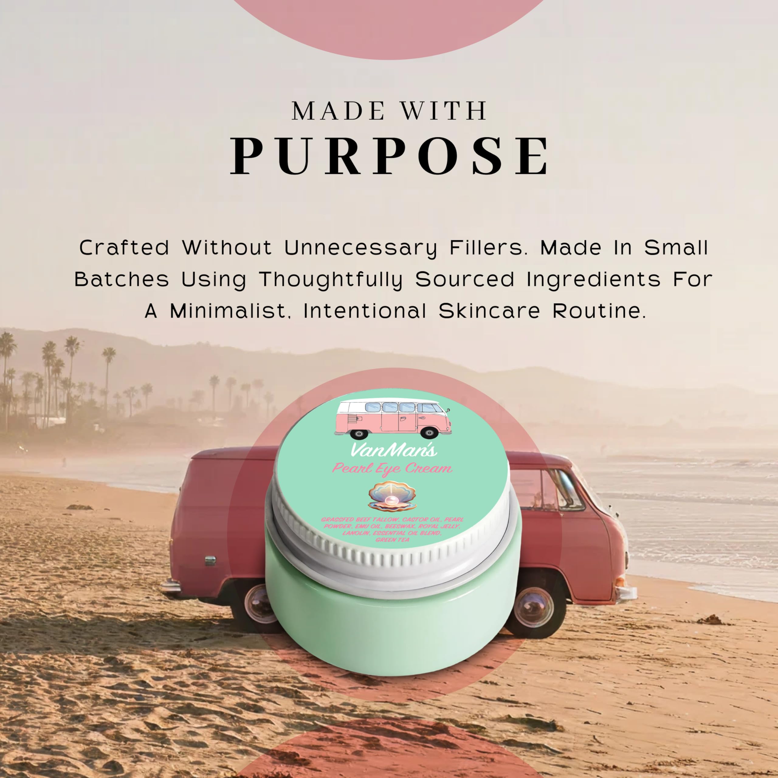 VanMan’s Pearl Eye Cream in-use lifestyle shot conveys soothing nightly routine.
