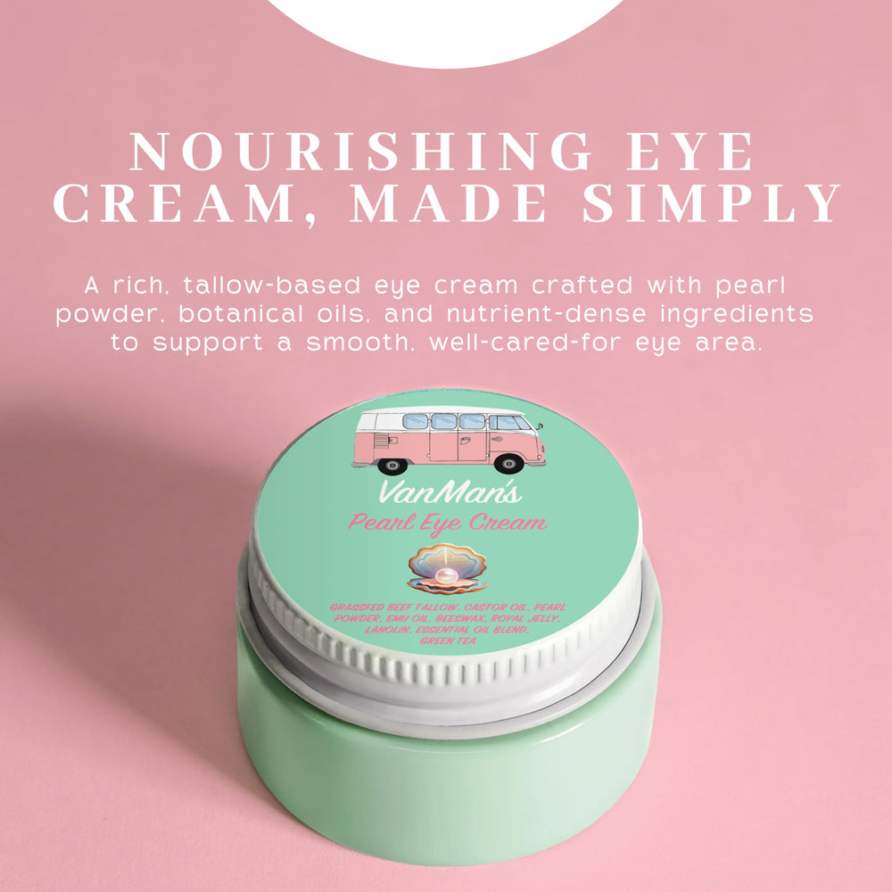 VanMan’s Pearl Eye Cream jar close-up highlighting rich moisture for delicate eye area.