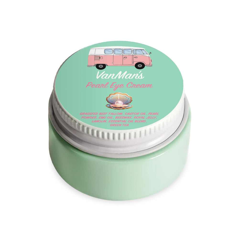 VanMan’s Pearl Eye Cream tube close-up showing smooth texture for under-eye care.