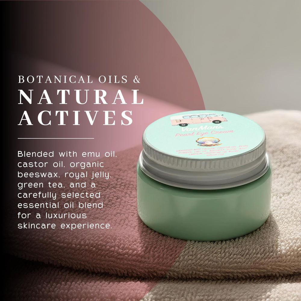 VanMan’s Pearl Eye Cream under-eye-application demonstrates gentle nightly use around eyes.