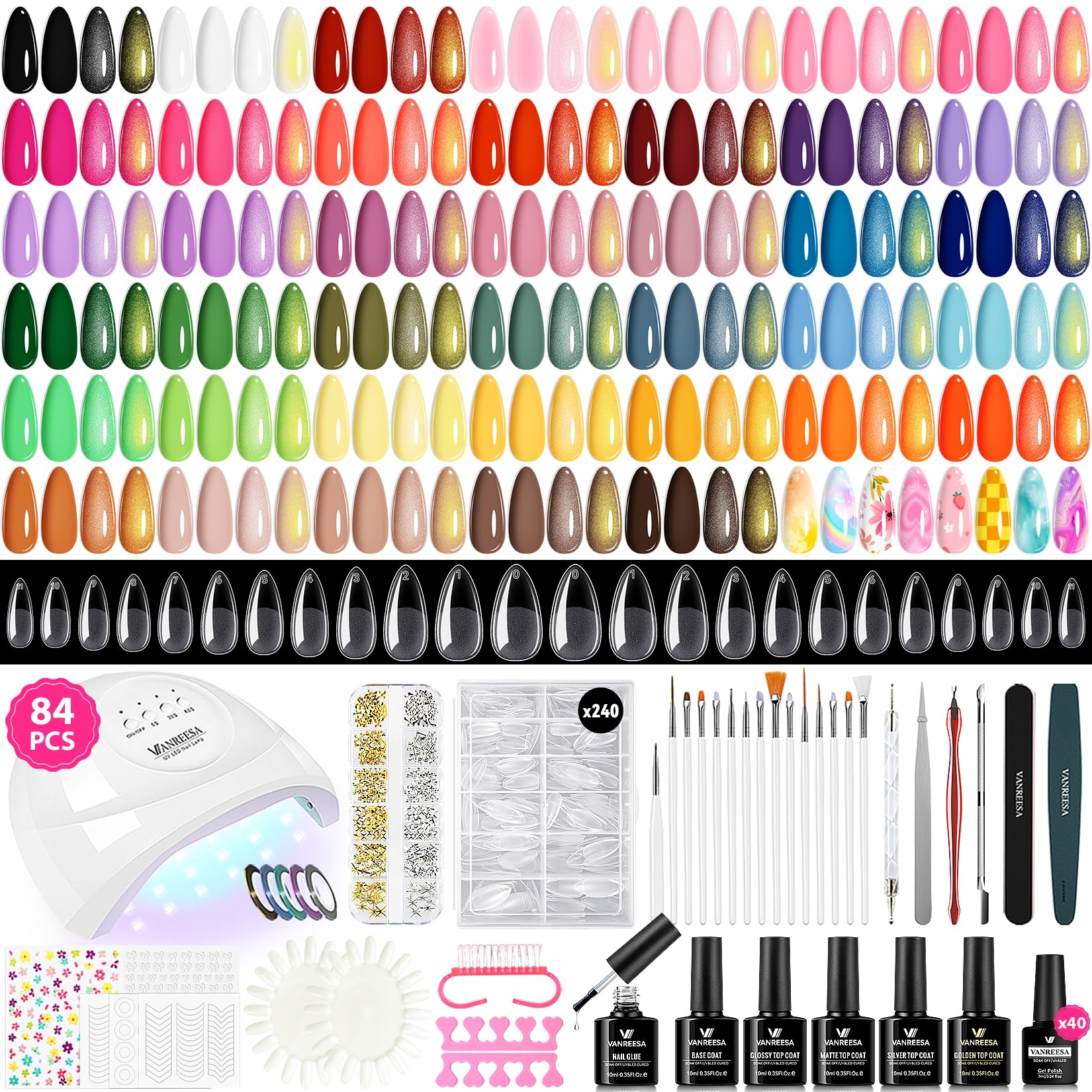VANREESA 84-pcs gel nail kit with diverse color range for DIY manicures