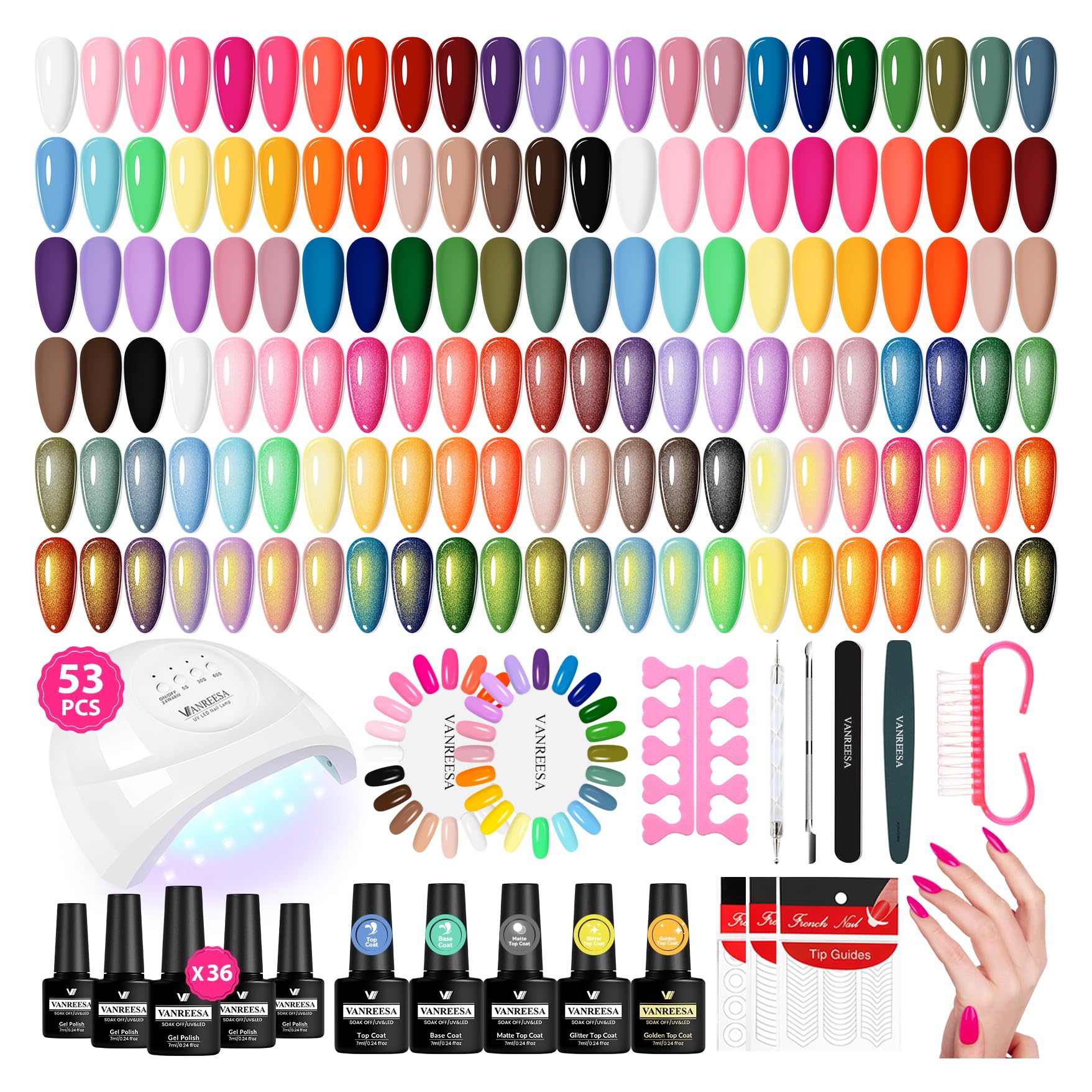 Kit VANREESA Esmalte Gel 53 piezas con colores variados para manicuras creativas.