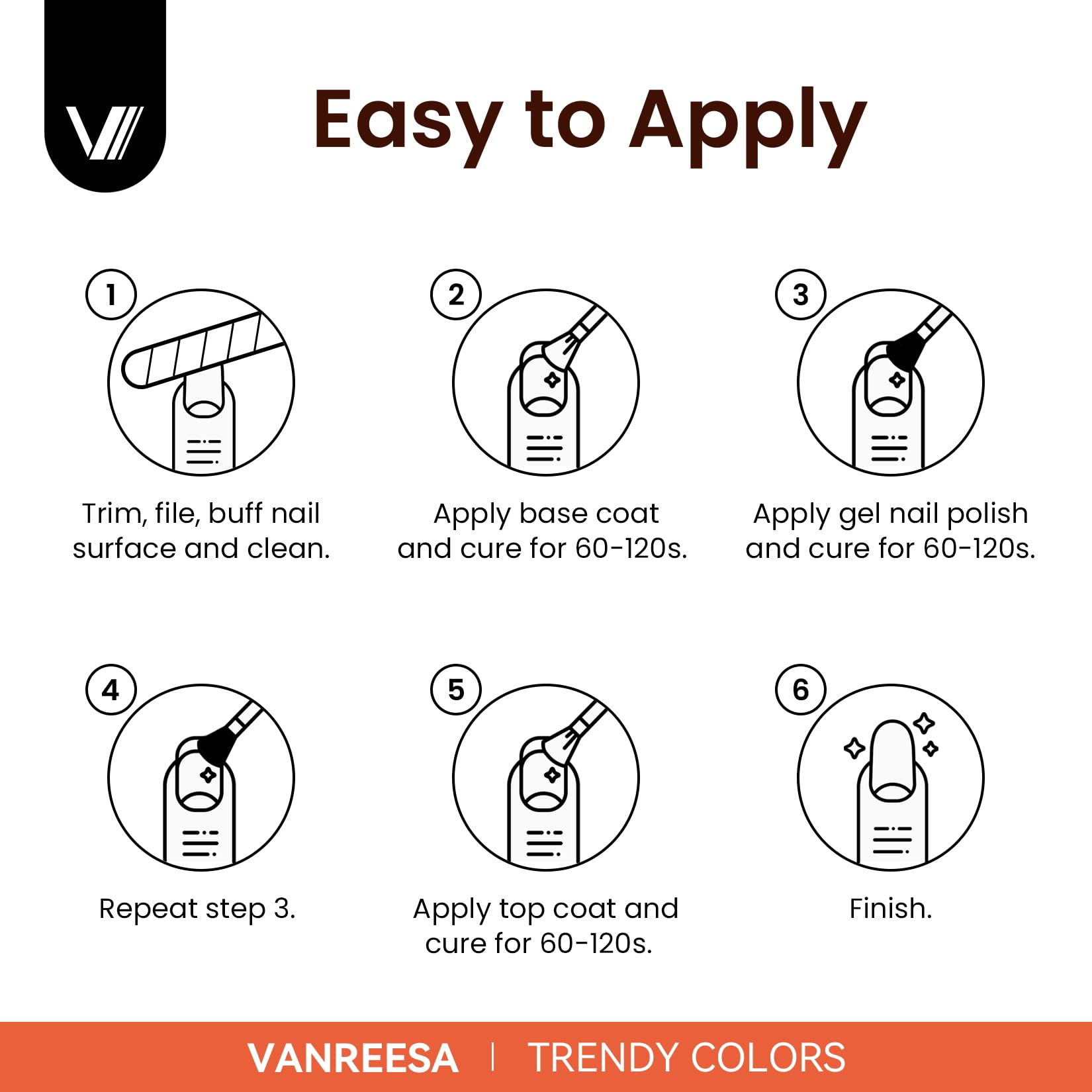 VANREESA low odor, natural resin gel polish for comfortable DIY sessions.
