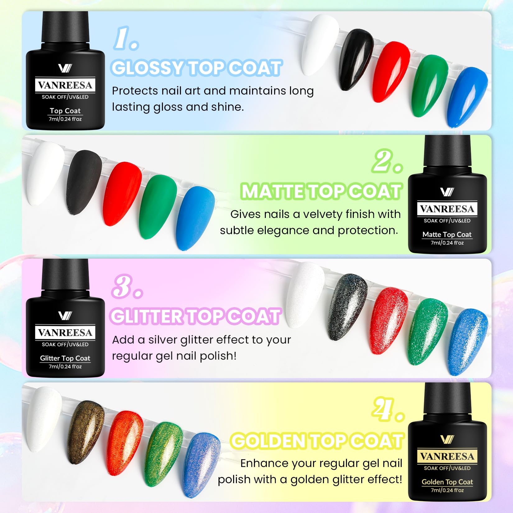 Top coat de Vanreesa con 4 efectos para brillo y protección.