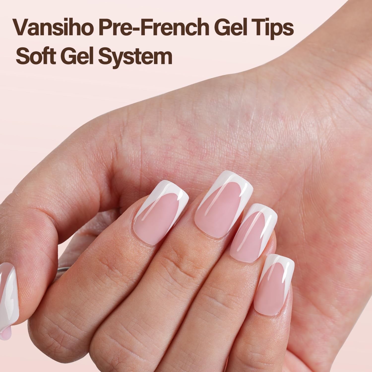 Vansiho short square pink gel tips close-up highlighting natural look and comfortable wear.