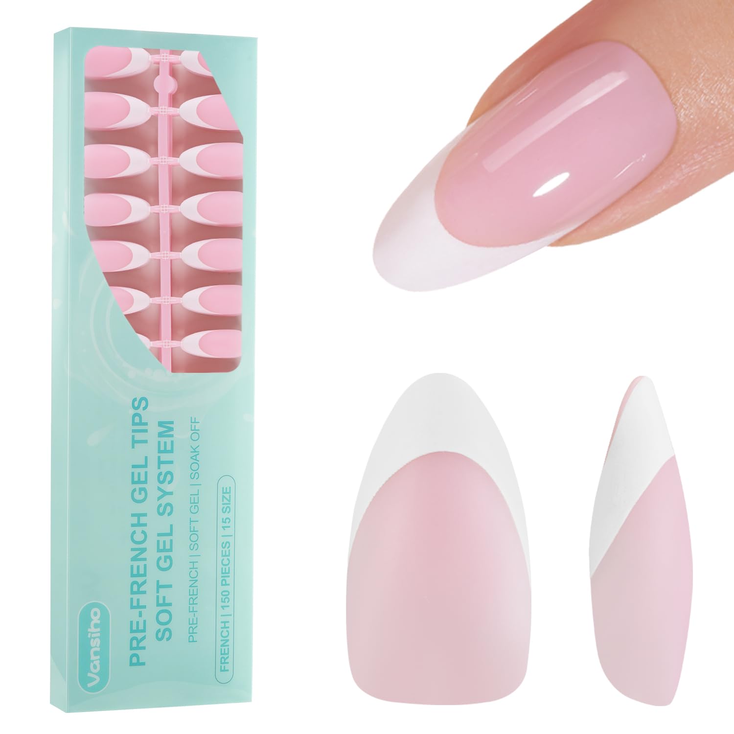 Vansiho tips franceses gel almendra medianos en rosa suave para un aspecto natural