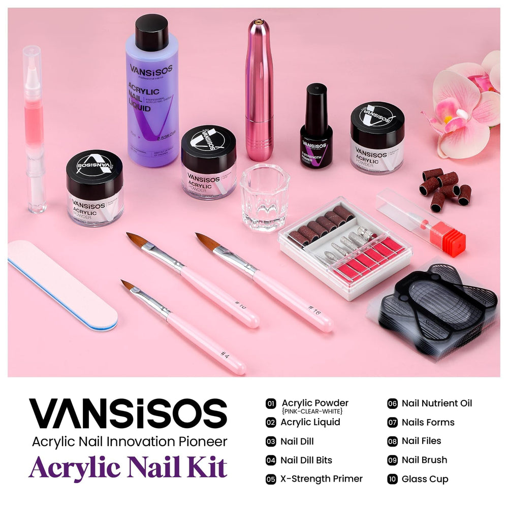 VANSISOS color powder trio shows clear, pink, and white shades for versatile nail art.