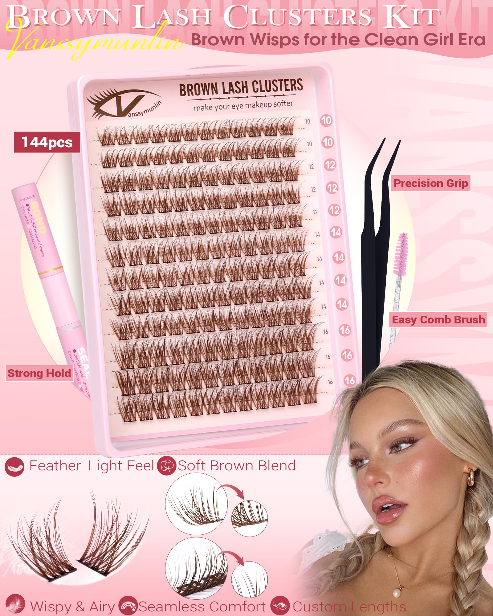 Vanssymunlin lash brush helps blend clusters for seamless finish.