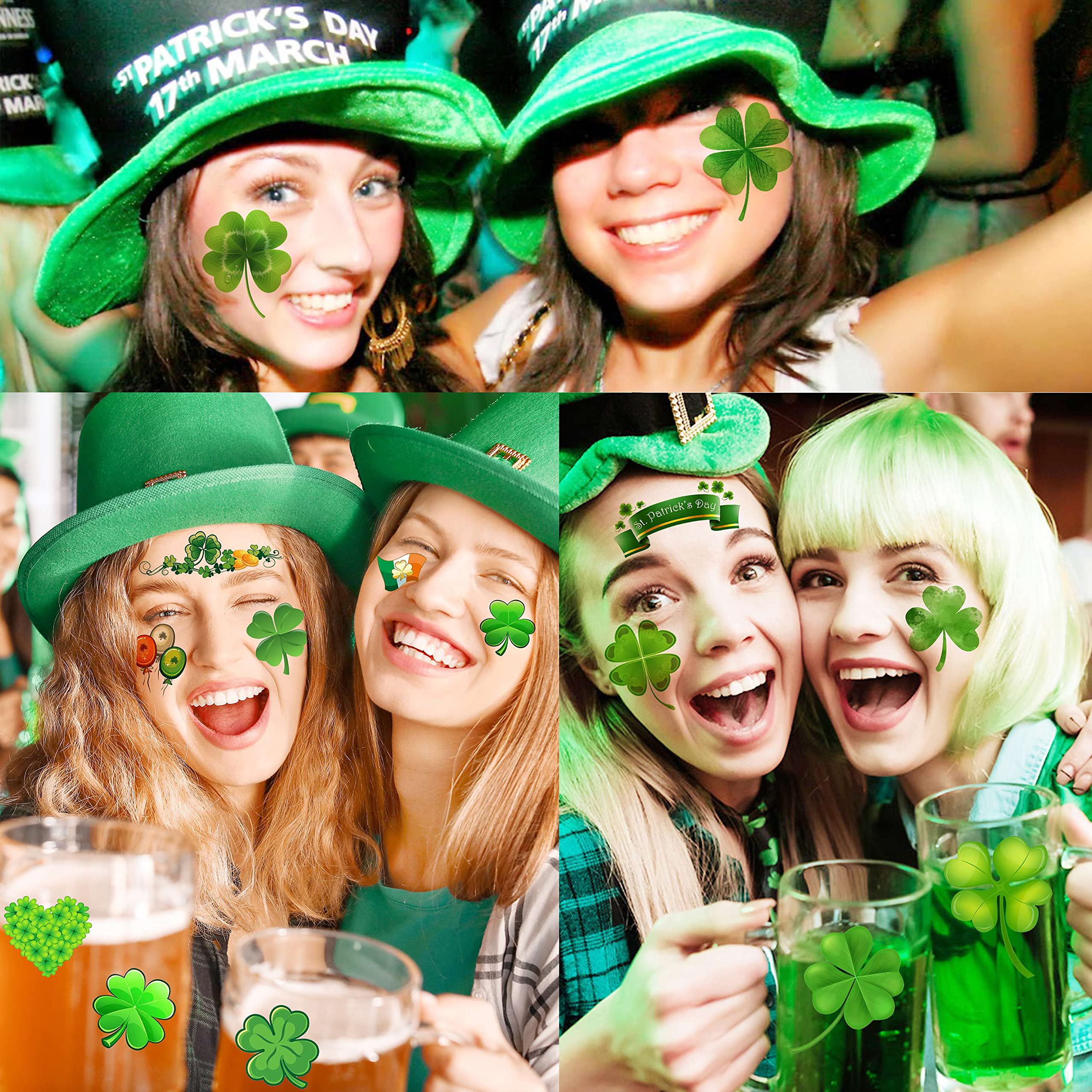Tatuajes verdes de VANTATY con tréboles para un look festivo temporal.