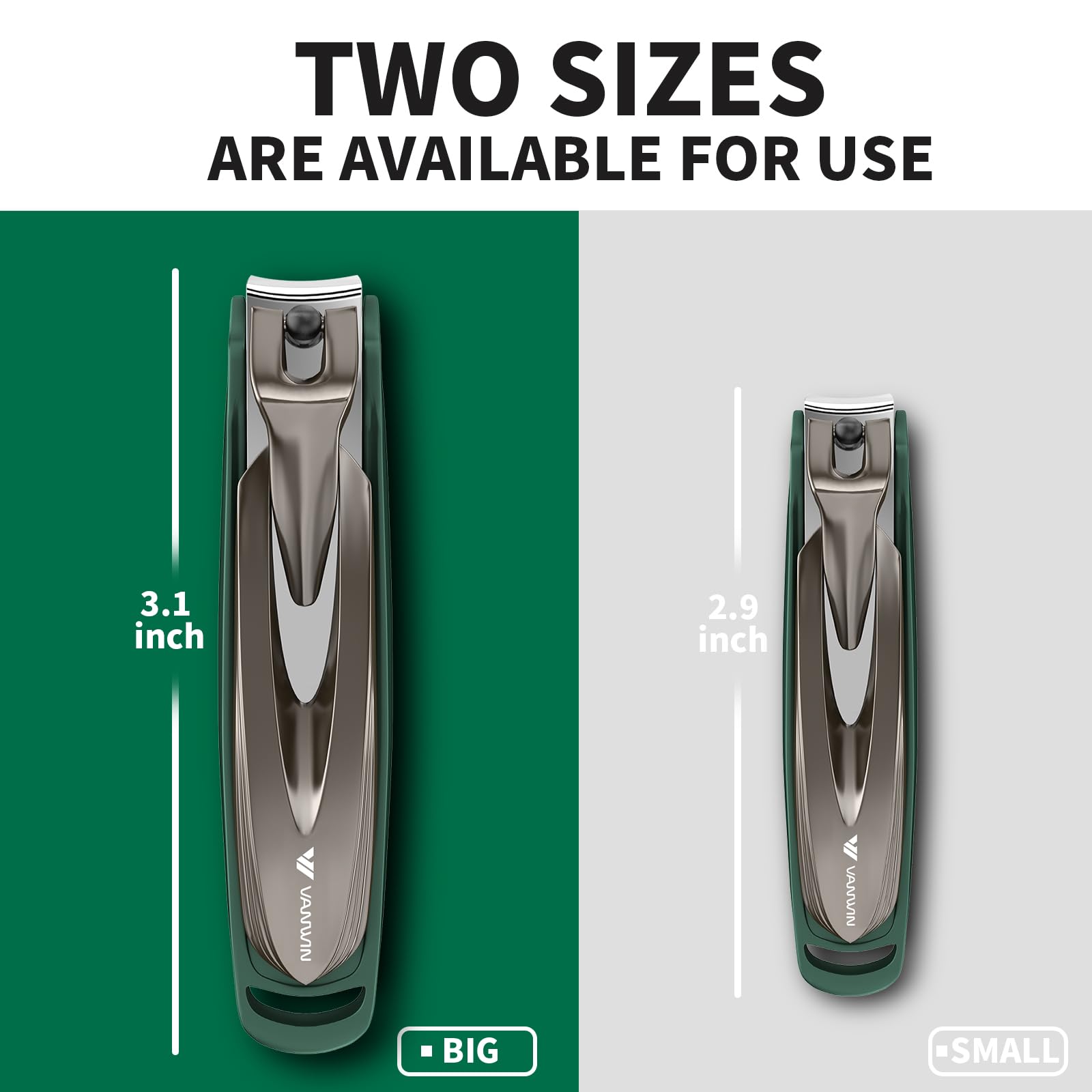Vanwin large toenail clipper and small fingernail clipper showcased for nails of all sizes.