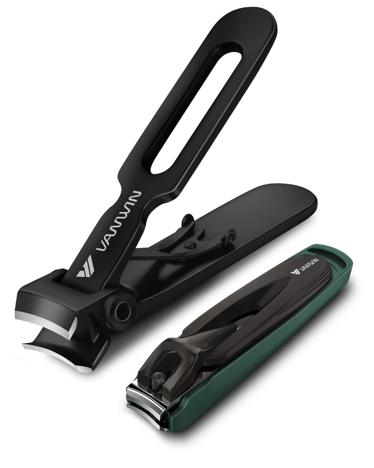VANWIN nail clipper set with catcher catching nails during clipping for mess-free grooming.