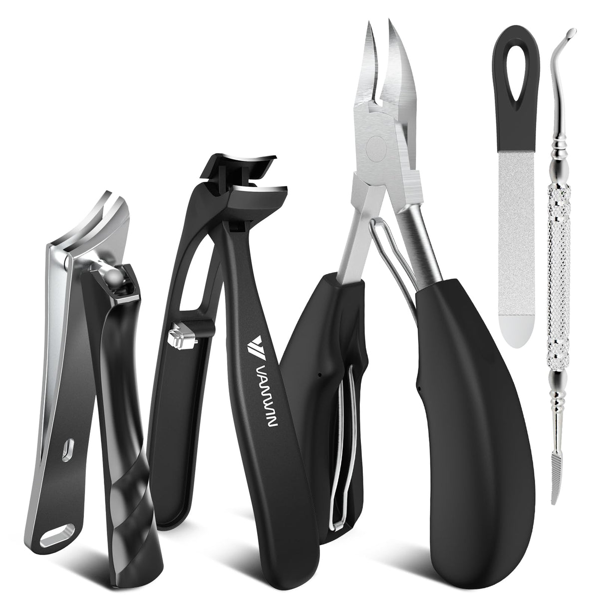 VANWIN angled-head toenail clippers with catcher for precise trimming in hard-to-reach nails.